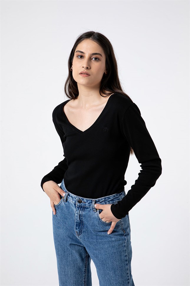 Basic V-Neck Long Sleeve T-Shirt Black