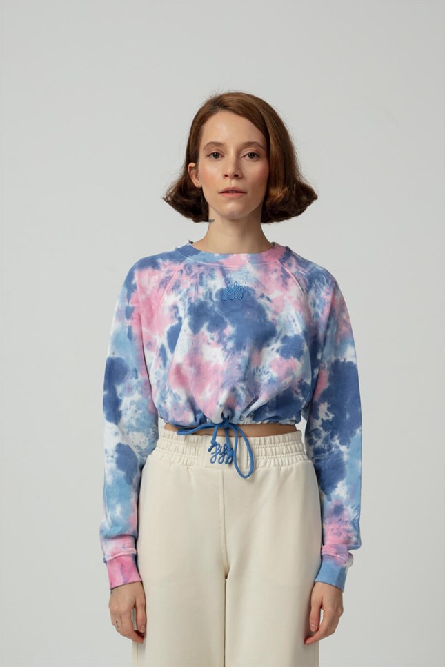 Womens Pink - Blue Tie Dye Shirred Crop Sweatshirt
