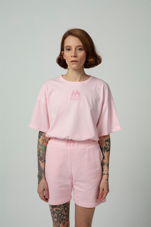 Kadın Pembe Büzgülü Oversize T-shirt