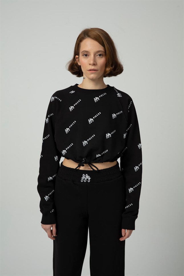 Kadın Siyah Büzgülü Crop Sweatshirt