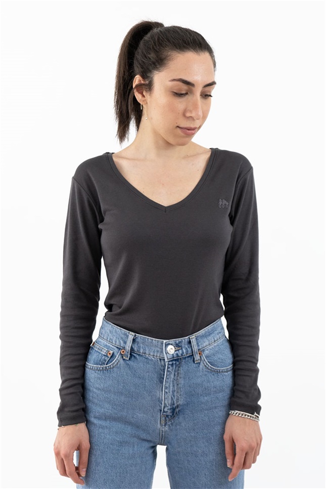Kadın Antrasit Basic V Yaka Uzun Kollu T-Shirt