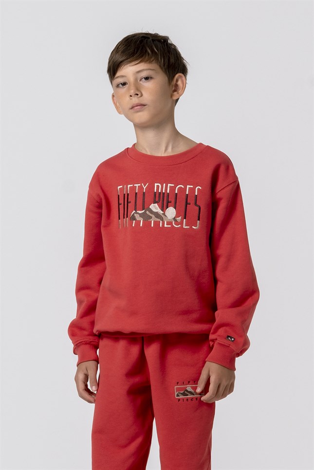 Çocuk Vintage Kırmızı Düşük Omuzlu Sweatshirt