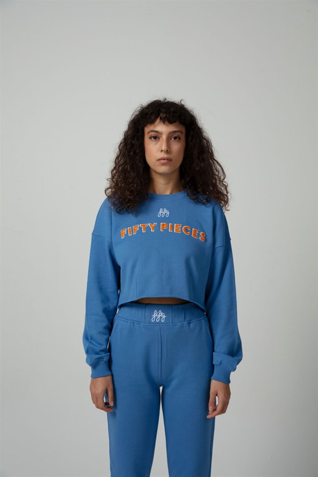 Kadın Koyu Mavi Oversize Crop Sweatshirt