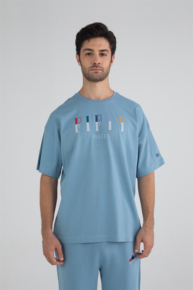 Erkek Mavi Düşük Omuzlu T-Shirt