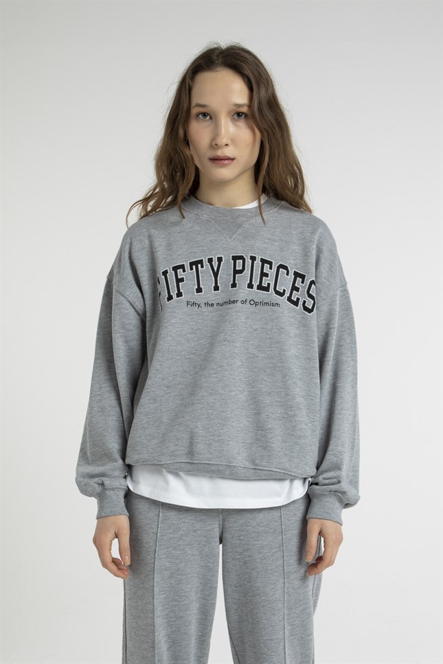 Kadın Gri Melanj Oversize College Sweatshirt