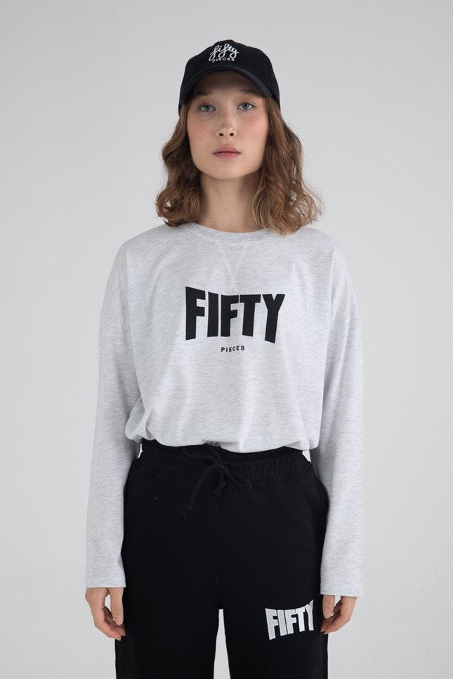 Kadın Kar Melanj Uzun Kollu Oversize T-Shirt