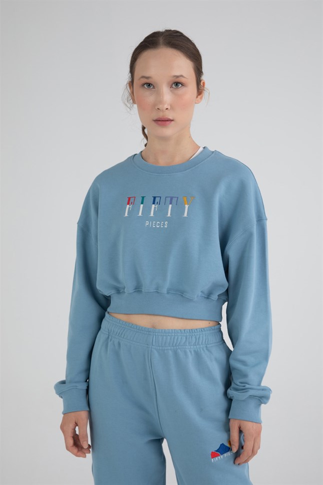 Kadın Mavi Crop Sweatshirt