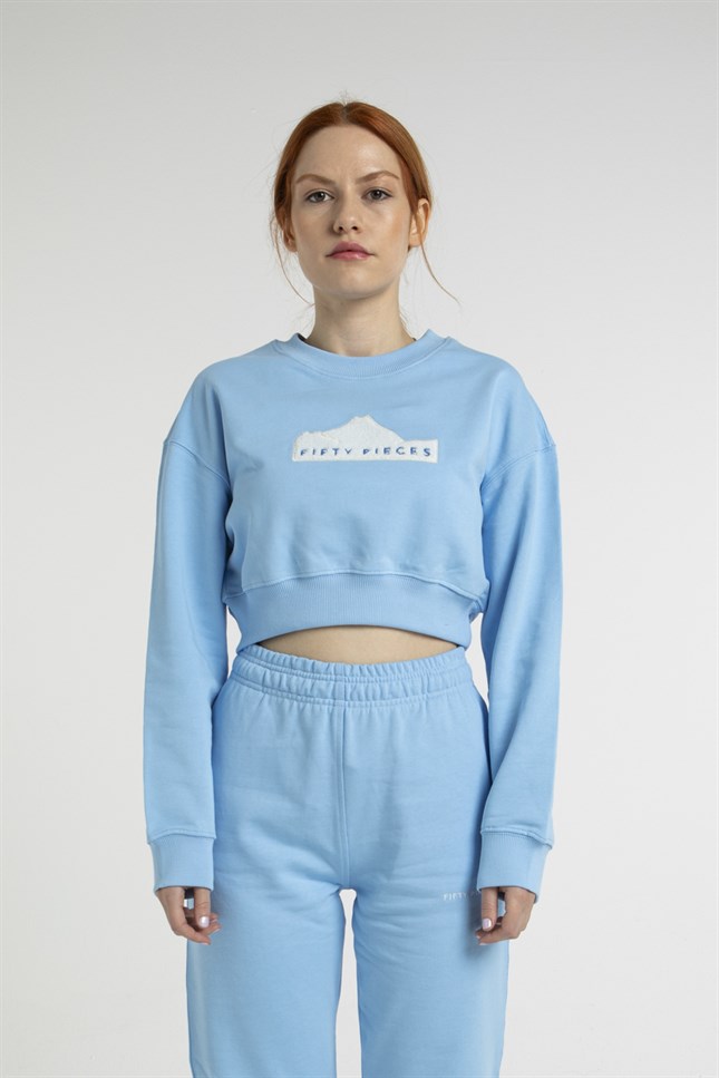 Kadın Mavi Oversize Crop Sweatshirt