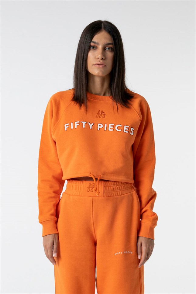 Kadın Turuncu Büzgülü Crop Sweatshirt
