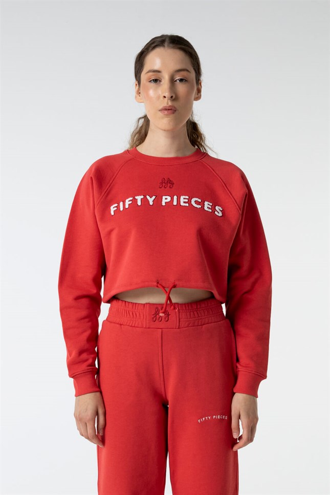 Kadın Vintage Kırmızı Büzgülü Crop Sweatshirt