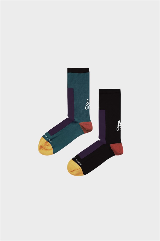 Mor-Yeşil Kontrast Şeritli Çorap