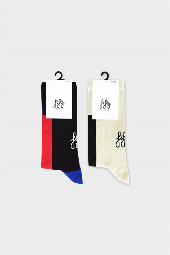 Siyah - Taş Rengi 2li Kontrast Şeritli Çorap